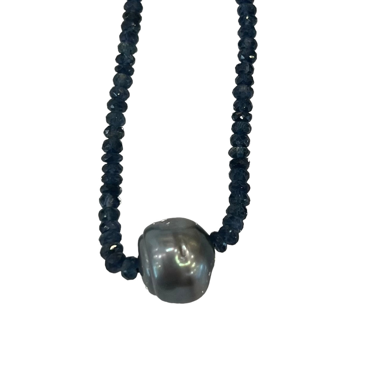18K White Gold Faceted Sapphire Bead and Tahitian Pearl Strand - 18&quot;