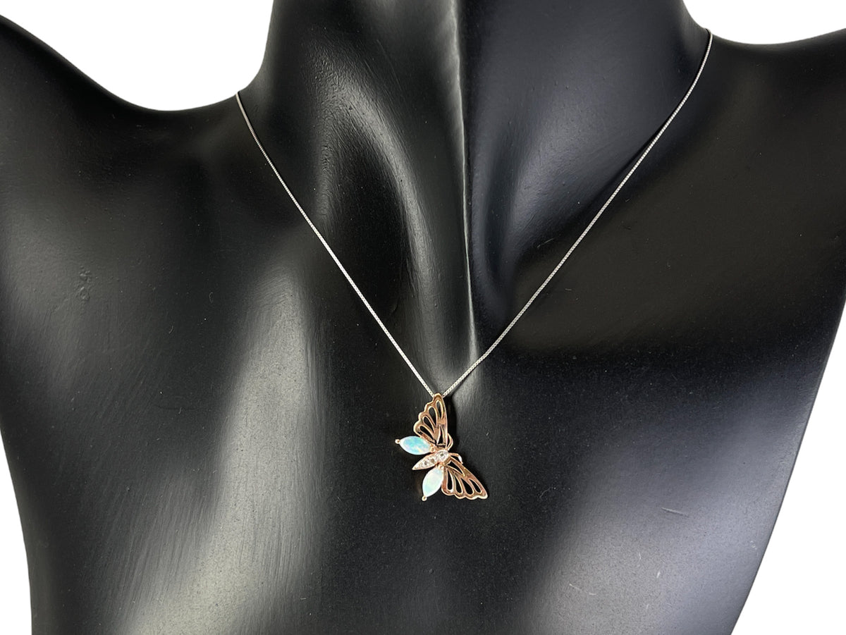 10K Rose and White Gold 0.32cttw Opal and 0.005cttw Diamond Butterfly Necklace - 18 Inches