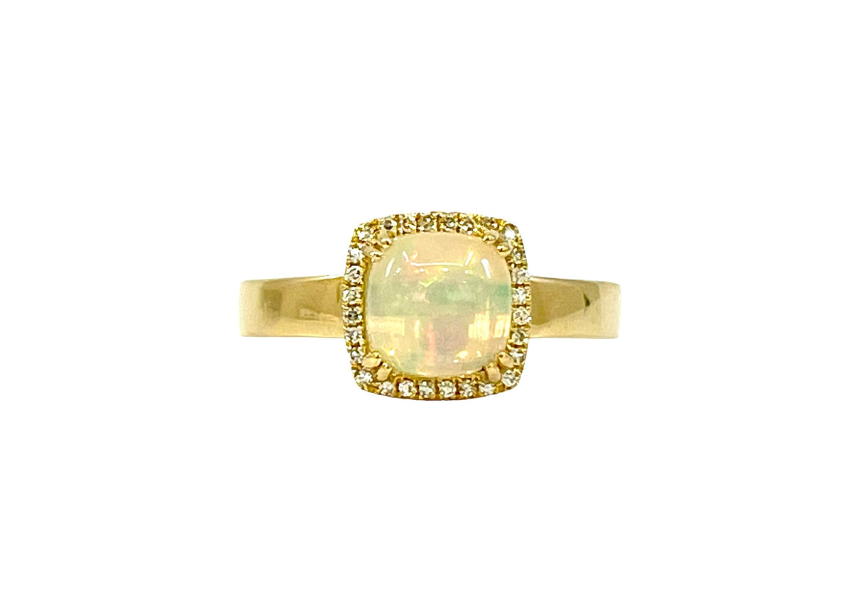 Anillo de oro amarillo de 14 quilates con ópalo de 0,91 quilates y halo de diamantes de 0,09 quilates, tamaño 6,5