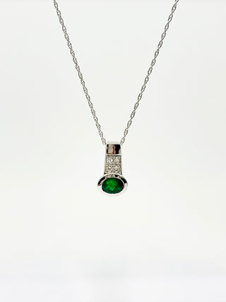 10K White Gold Genuine Emerald and Diamond Pendant, 18"