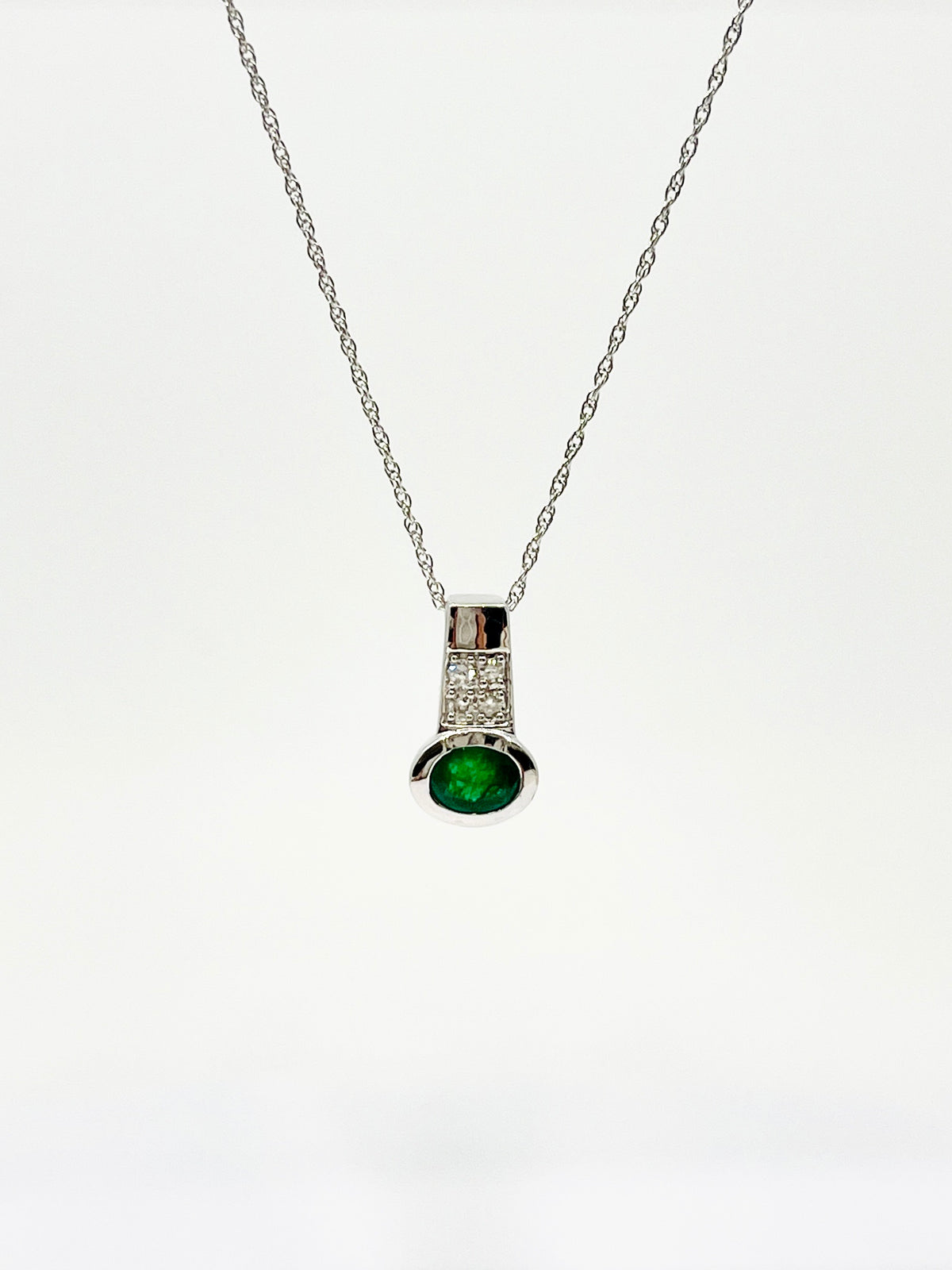 10K White Gold Genuine Emerald and Diamond Pendant, 18&quot;