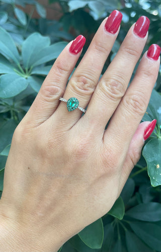 10K White Gold 0.45cttw Pear Cut Emerald and 0.18cttw Diamond Halo Ring