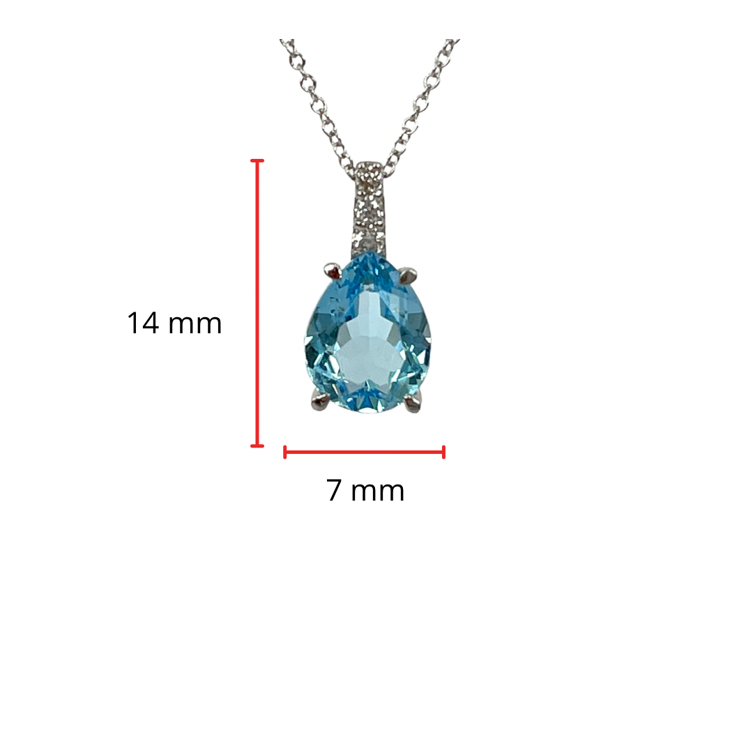 10K White Gold 9x7mm Pear Cut Swiss Blue Topaz and 0.059cttw Diamond Necklace - 18 Inches
