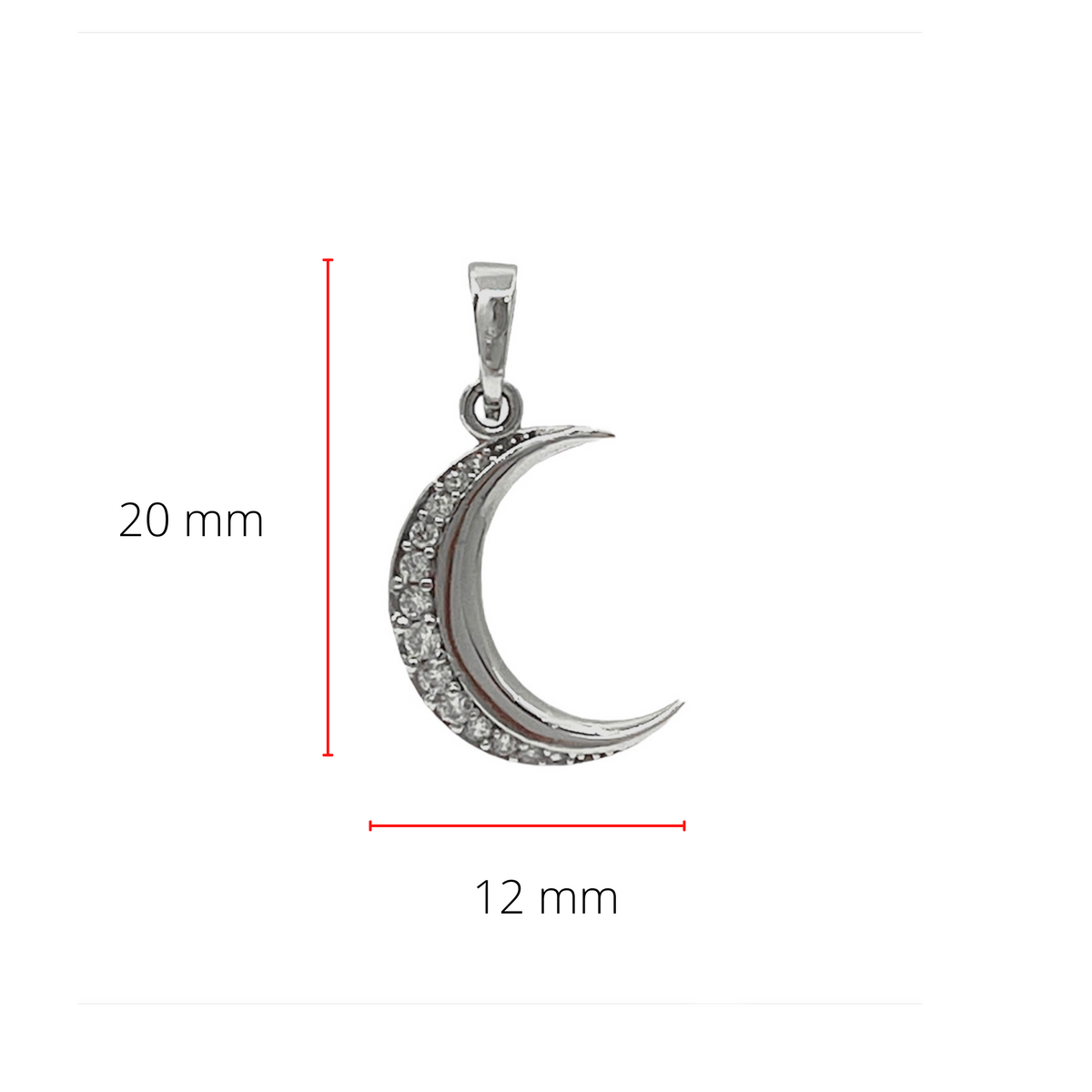 Dije de circonita cúbica y luna creciente en oro blanco de 10 quilates, 22 mm x 11 mm