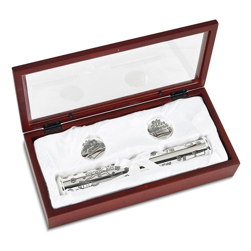 Silver-plated Birth Certificate Holder, First Tooth, and First Curl in Wooden Memory Box Set