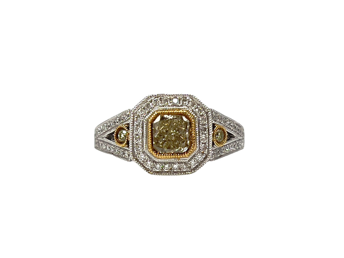 18K White &amp; Yellow Gold 1.10Cttw Fancy Yellow Diamond Radiant Cut Engagement Ring