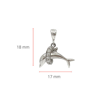 Dije de circonita cúbica con forma de delfín en oro blanco de 10 quilates, 19 mm x 16 mm