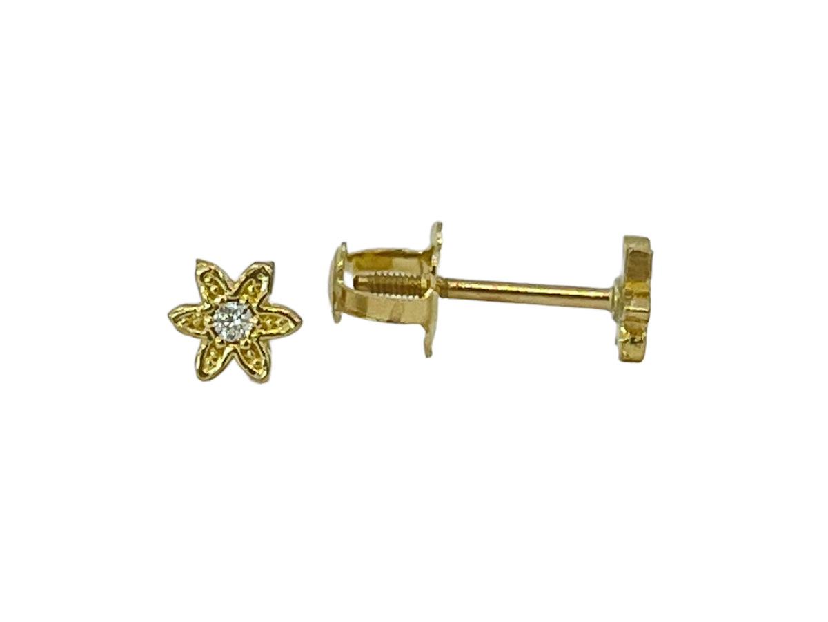 10K Yellow Gold Cubic Zirconia Flower Stud Earrings with Screw Backs - 4.3mm