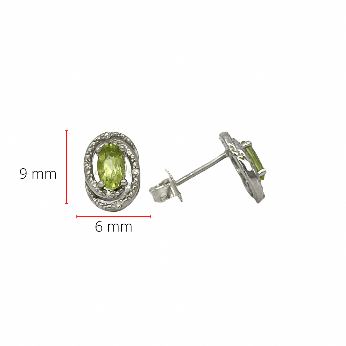 Pendientes de plata de ley con peridoto de talla ovalada de 5x3 mm y diamantes de 0,036 quilates