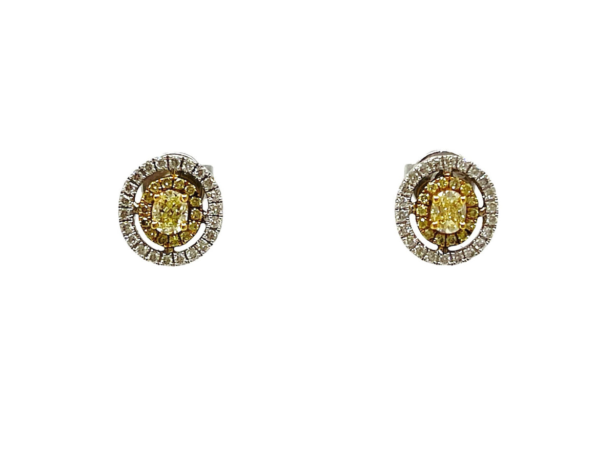 Pendientes con halo de diamantes naturales blancos y amarillos elegantes en oro blanco y amarillo de 18 quilates