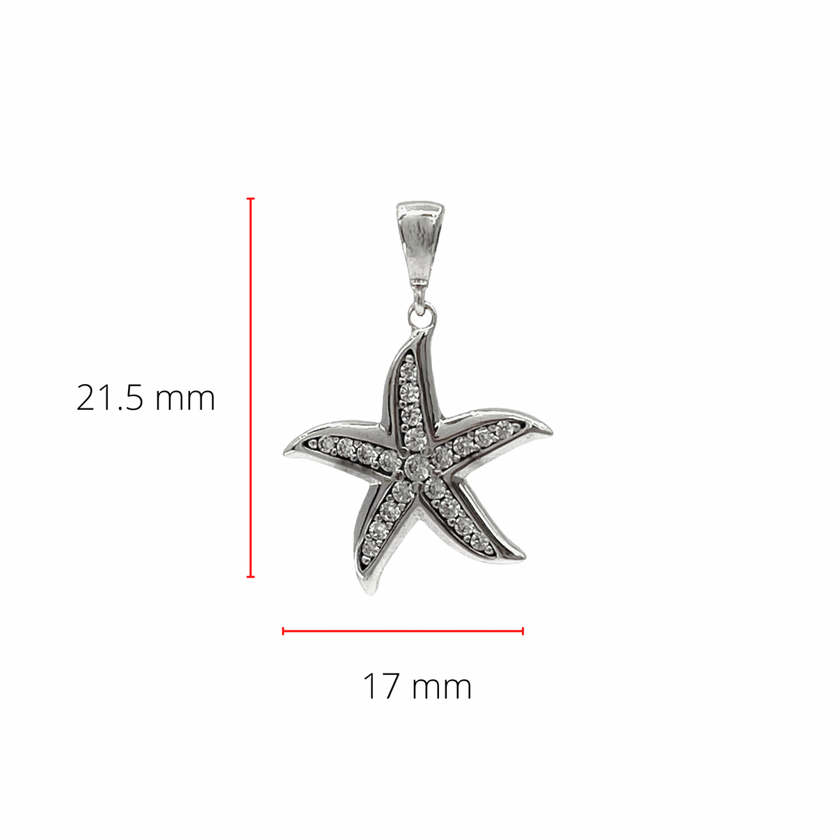Dije de estrella de mar de oro blanco de 10 quilates con circonita cúbica: 23 mm x 17 mm