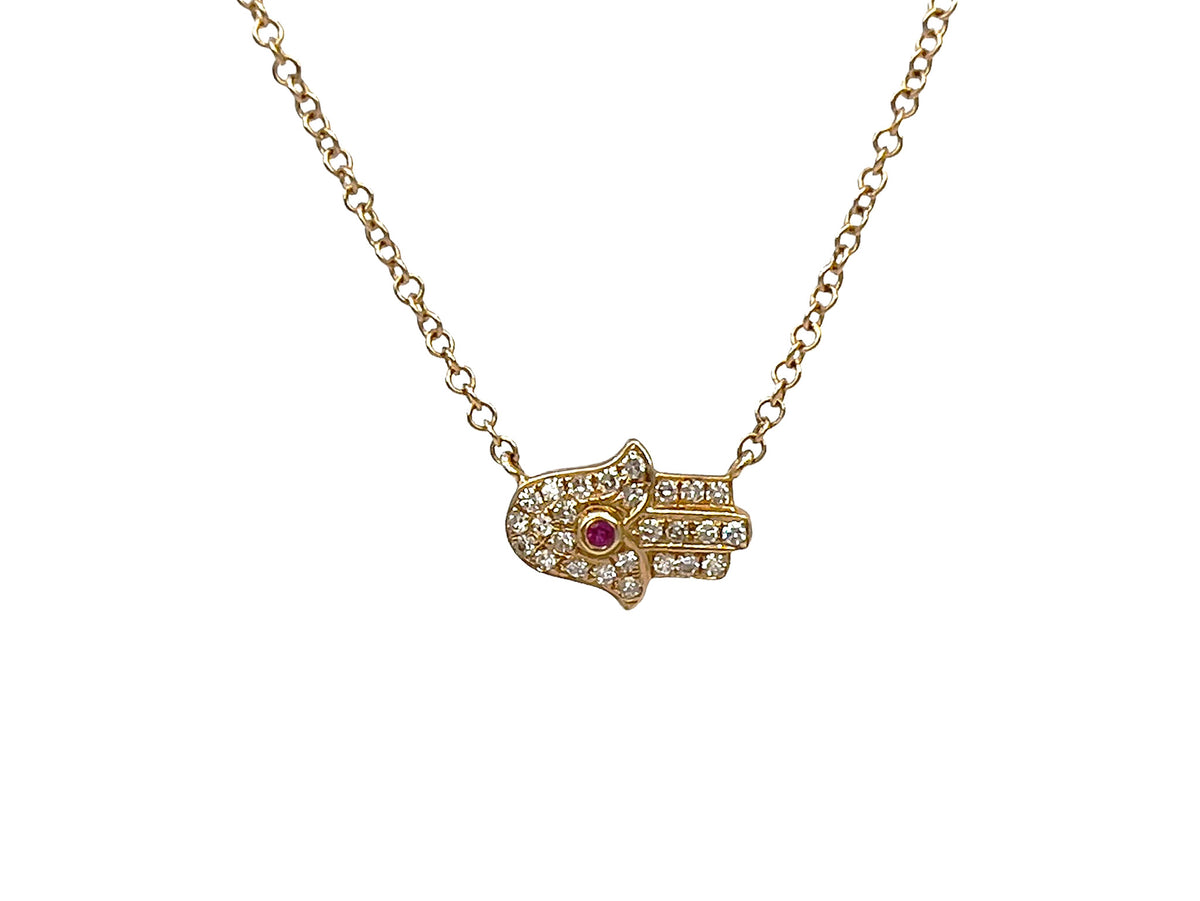 14K Yellow Gold Ruby and Diamond Hamsa Pendant, 18”