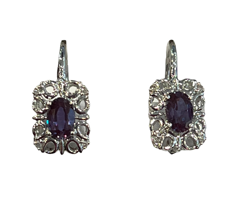 10K White Gold 6x4mm Oval Cut Created Alexandrite and 0.045cttw Diamond Dangle Earrings with Euro Backs