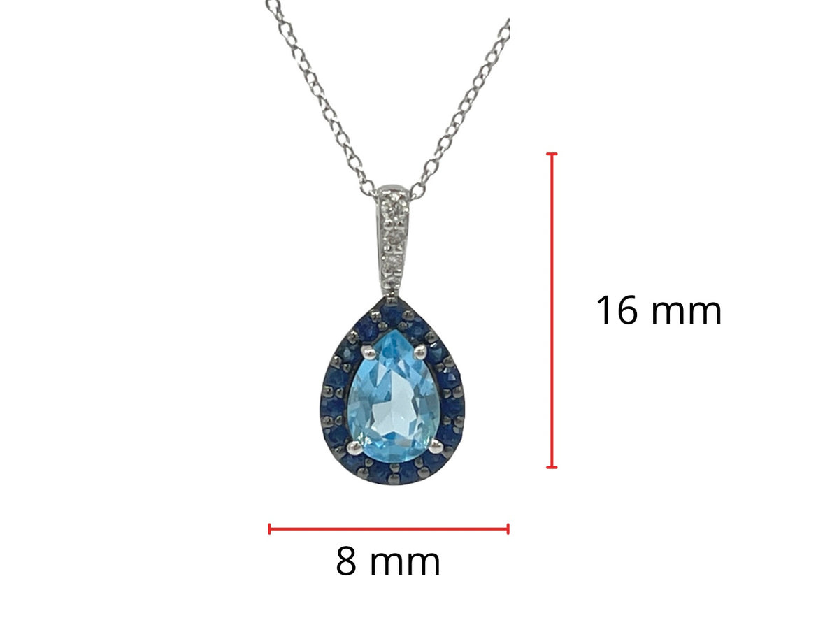 10K White Gold 7x5mm Pear Cut Sky Blue Topaz with Blue Sapphire Halo and 0.03cttw Diamond Necklace - 18 Inches