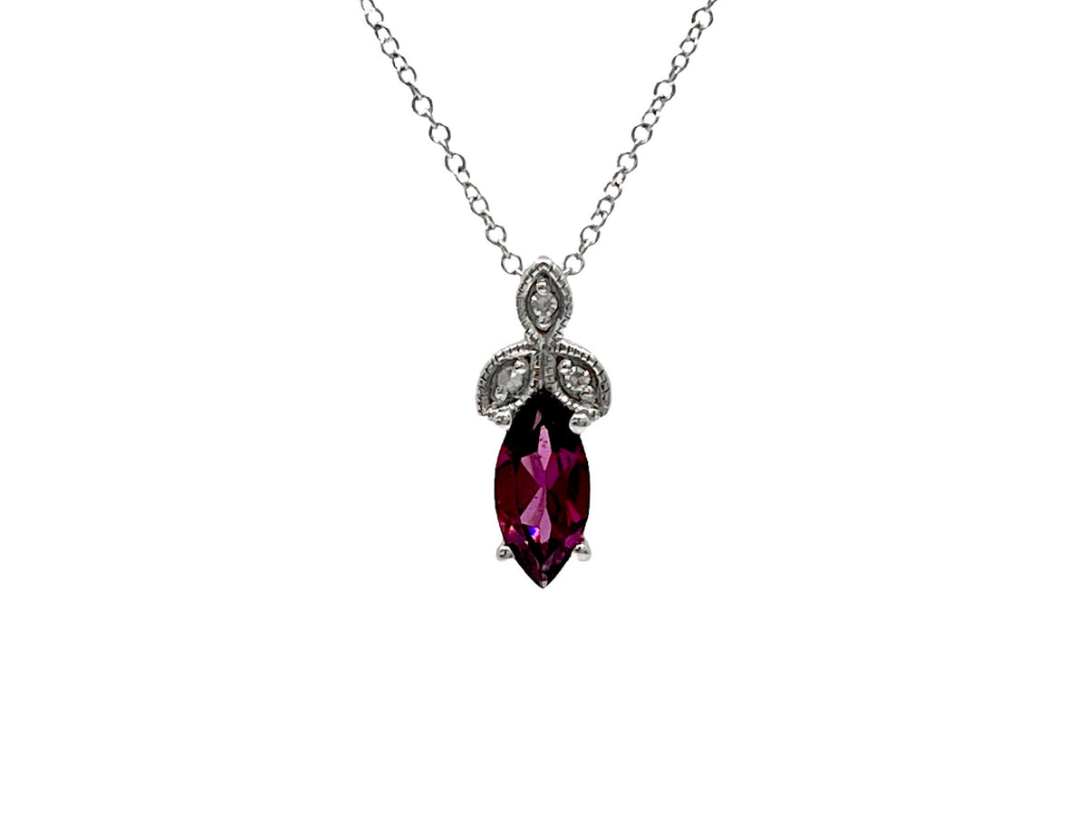 10K White Gold 8mm x 4mm Rhodalite Garnet and 0.02cttw Diamond Pendant with Rolo Chain - 18 Inches