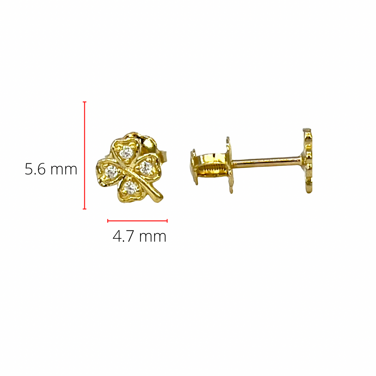 10K Yellow Gold Cubic Zirconia Four Leaf Clover Stud Earrings with Screw Backs - 5.6 x 4.6mm