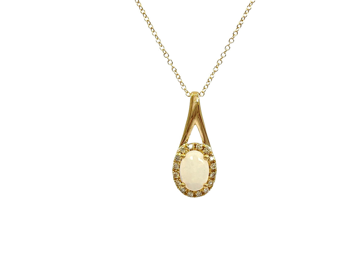 10K Yellow Gold 7x5mm Oval Cut White Opal and 0.08cttw Diamond Halo Pendant - 18 Inches