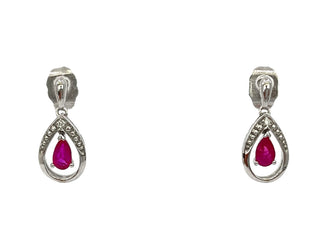 Pendientes de oro blanco de 10 quilates con diamantes y rubíes en forma de pera de 0,01 quilates