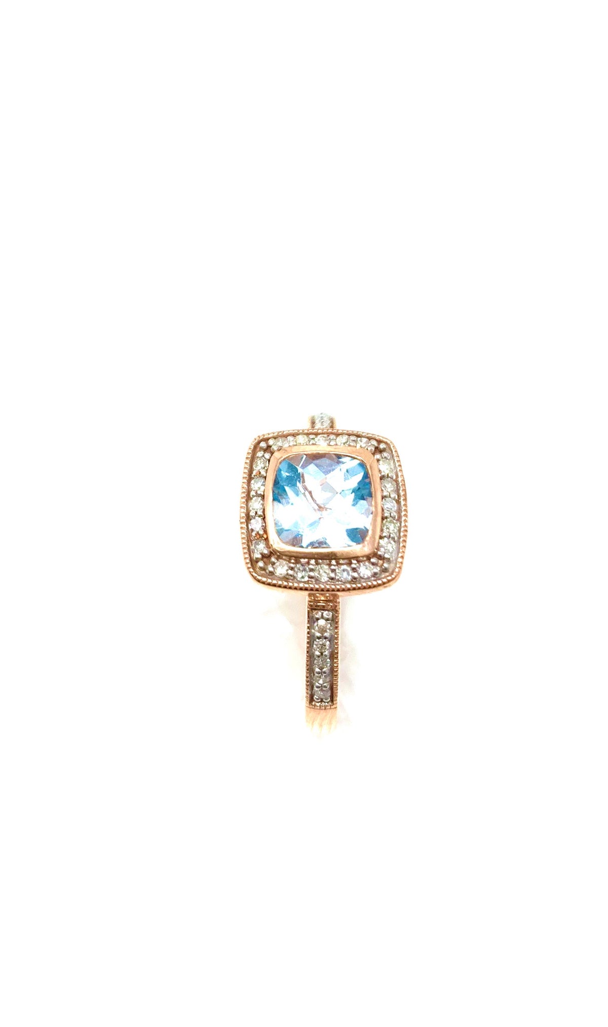 Anillo de diamantes y topacio azul de oro rosa de 10 quilates, talla 6,5