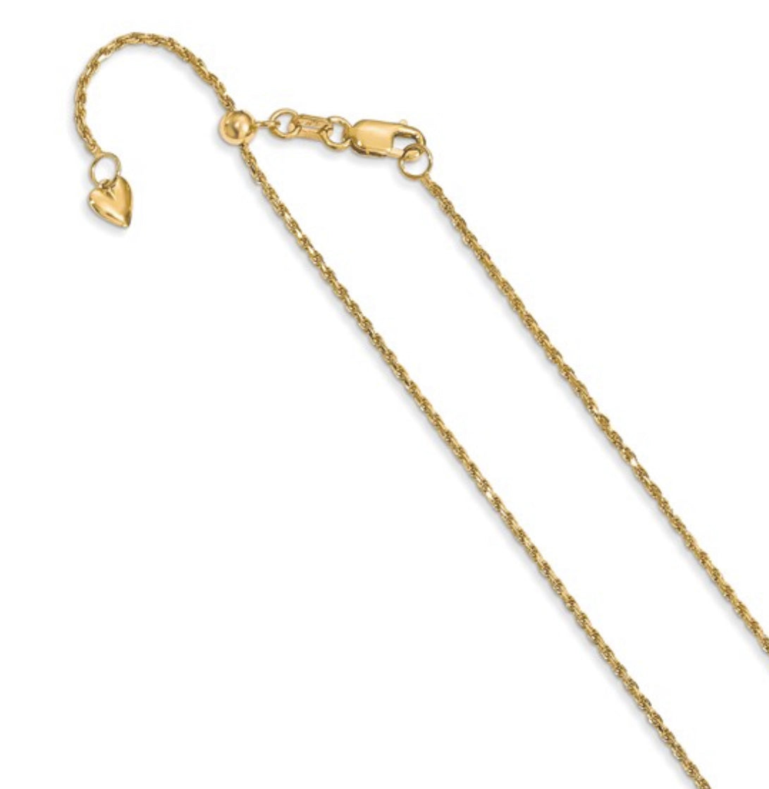 Cadena de cuerda ajustable de oro de 14 quilates con corte de diamante de 16&quot; - 22&quot; - 1,2 mm