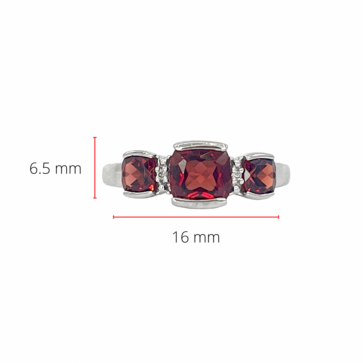 10K White Gold 6mm and 4mm Cushion Cut Garnet and 0.014cttw Diamond Ring - Size 7