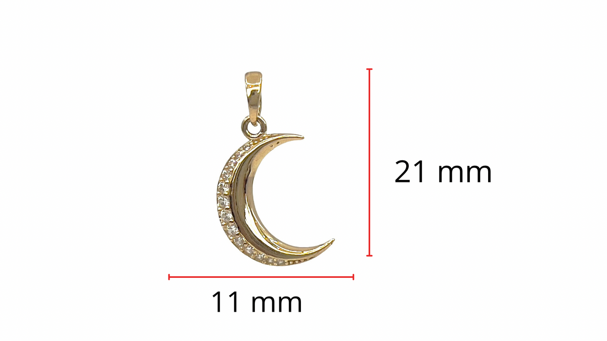 Dije de circonita cúbica y luna creciente en oro amarillo de 10 quilates, 22 mm x 11 mm