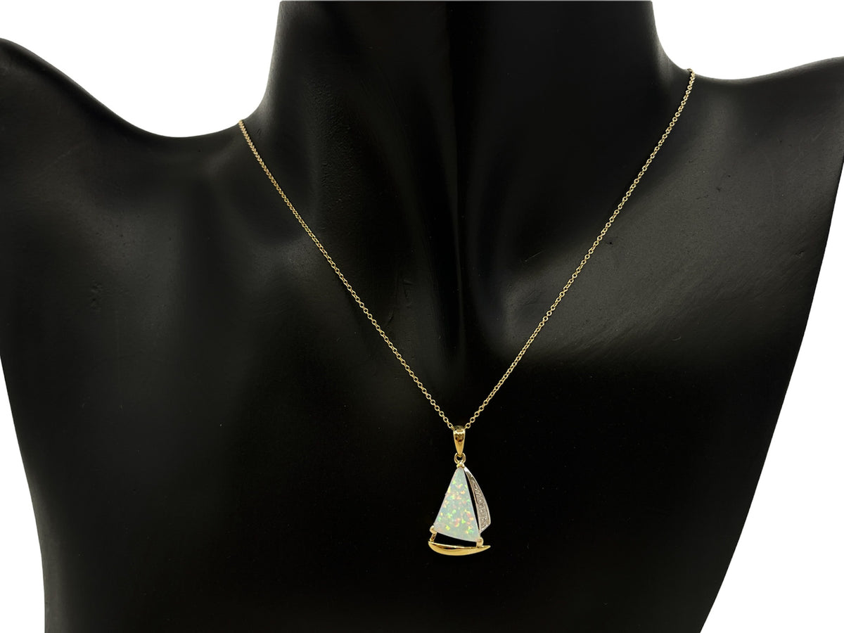 10K Yellow Gold Sail Boat Shaped Created Opal and 0.015cttw Diamond Necklace - 18 Inches
