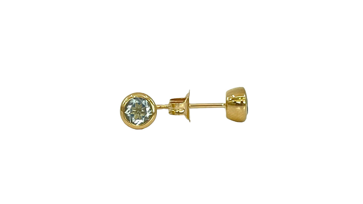 10K Yellow Gold 4.0mm Round Cut Aquamarine Bezel Set Stud Earrings