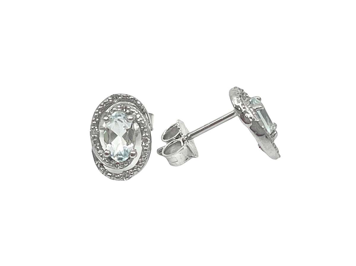 Sterling Silver 0.44cttw Aquamarine &amp; 0.036cttw Diamond Halo Stud Earrings