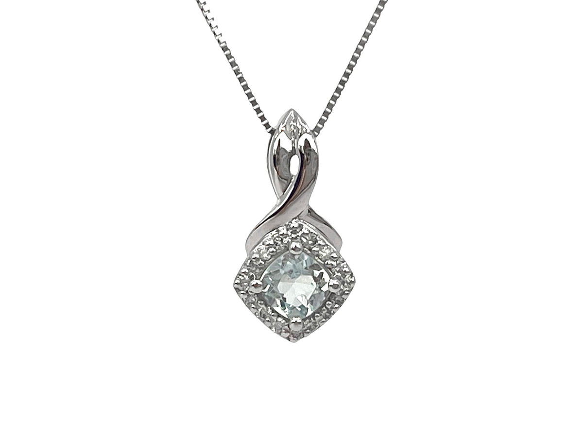 10K White Gold Aquamarine and Diamond Pendant, 18&quot;