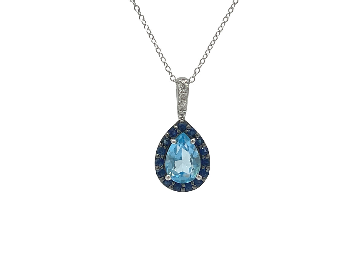 Oro blanco de 10 quilates, topacio azul cielo de talla pera de 7x5 mm con halo de zafiro azul y collar de diamantes de 0,03 quilates - 18 pulgadas