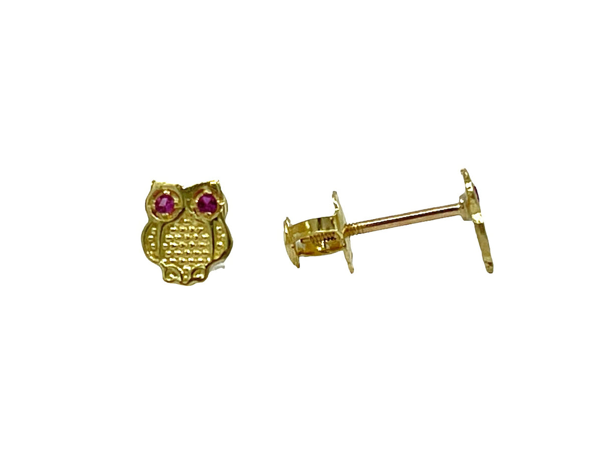 10K Yellow Gold Pink Cubic Zirconia Owl Stud Earrings with Screw Backs - 5.6 x 4.7mm