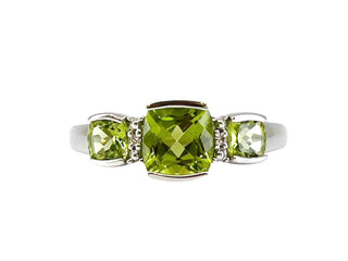 Anillo de oro blanco de 10 quilates con peridoto genuino de 1,50 quilates y diamante de 0,014 quilates, tamaño 7