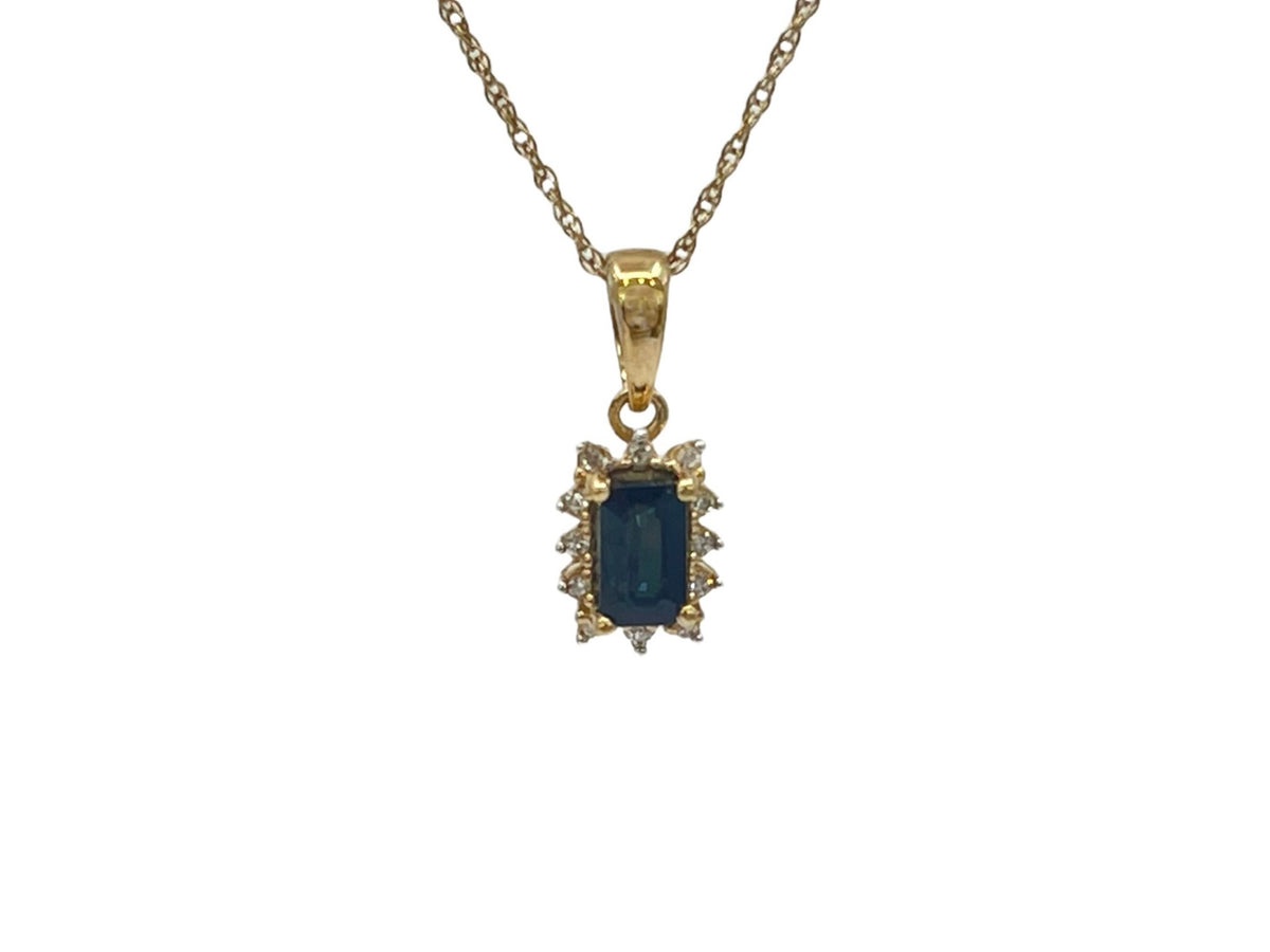 10K Yellow Gold 6x4mm Emerald Cut Sapphire and 0.04cttw Diamond Pendant, 18&quot;