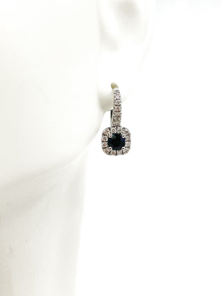 Aretes colgantes de oro blanco de 14 quilates con zafiro de 4 mm y diamantes de 0,34 quilates