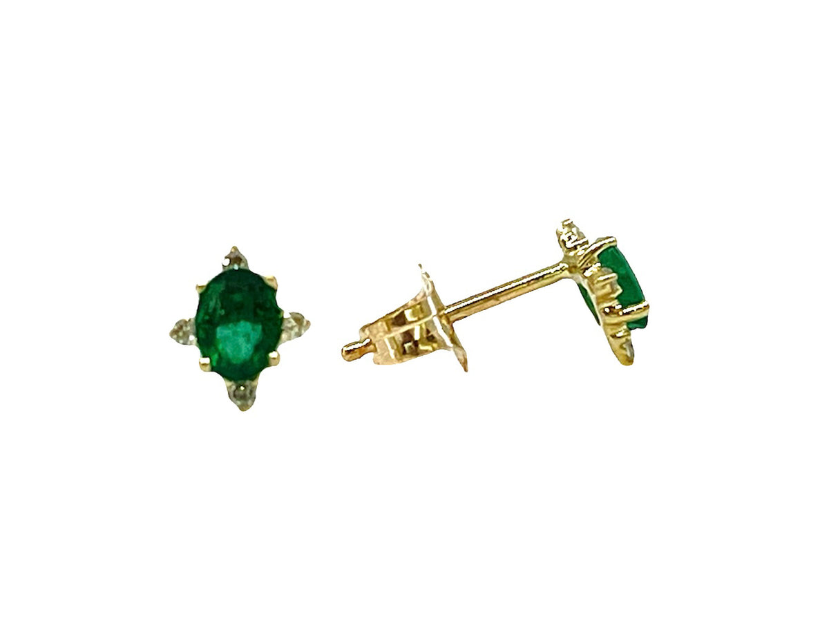 10K Yellow Gold 0.30cttw (4x3mm) Emerald &amp; 0.04cttw Diamond Earring