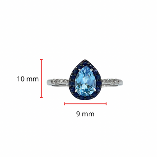 10K White Gold 7x5mm Pear Cut Sky Blue Topaz with Blue Sapphire Halo and 0.10cttw Diamond Ring