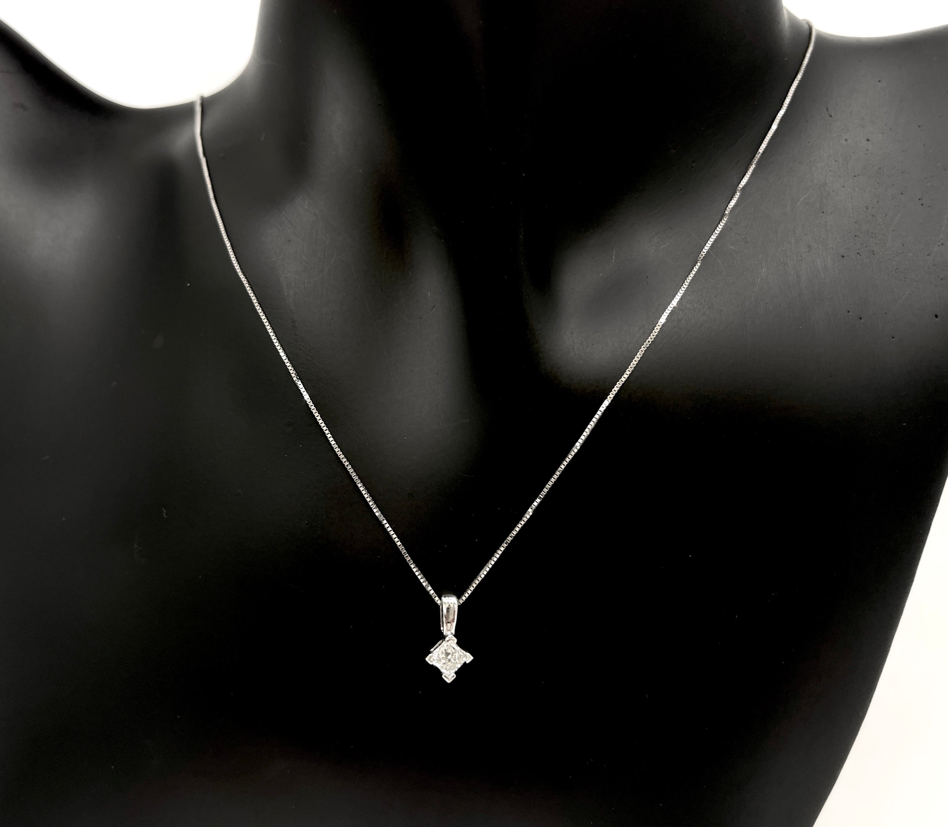 14K White Gold 0.30cttw Princess Cut Square Cut Canadian Diamond Pendant, 18”