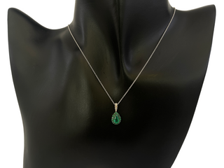 10K White Gold 0.47cttw Pear Cut Emerald and 0.055cttw Diamond Pendant, 18"