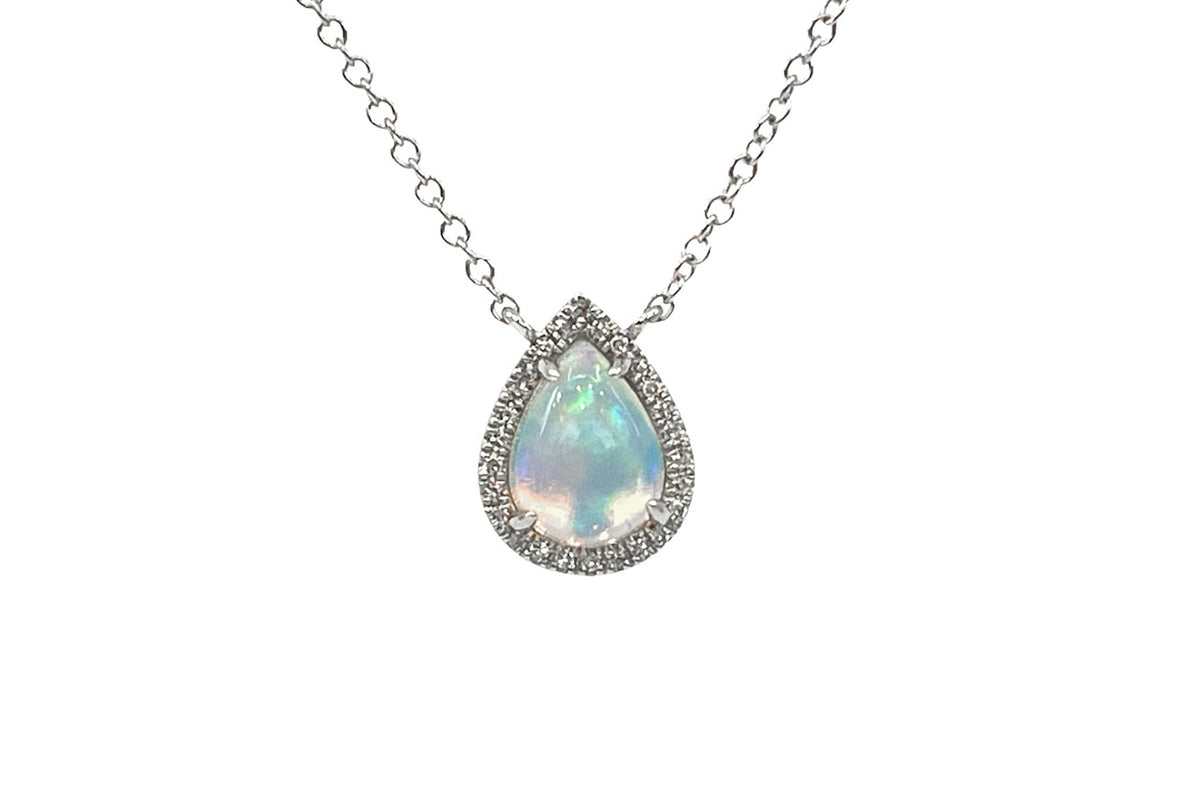 14K White Gold 0.76cttw Opal and 0.06cttw Diamond Halo Necklace, 18 Inches