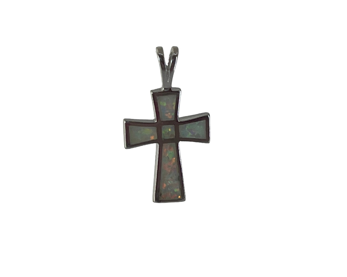 925 Sterling Silver Created Opal Cross Charm