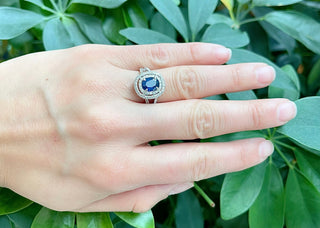 Anillo de oro blanco de 14 quilates con zafiro auténtico de 1,60 quilates y diamante de 0,70 quilates, tamaño 6,5