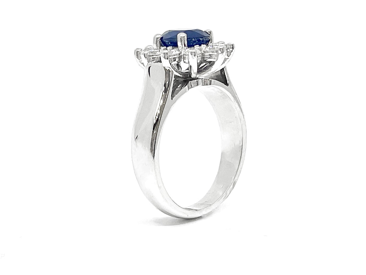 14K White Gold 0.60cttw Genuine Blue Sapphire and 0.40cttw Diamond Halo Ring, size 6