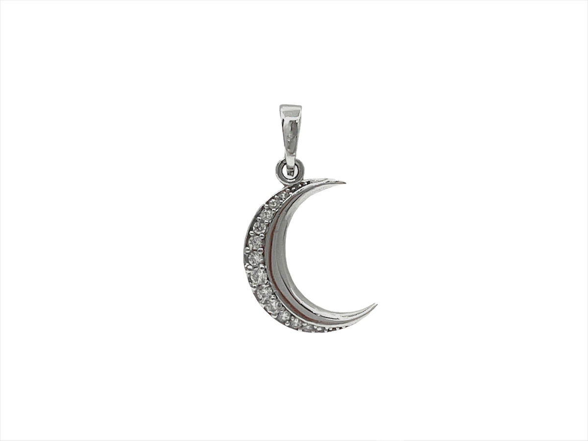 Dije de circonita cúbica y luna creciente en oro blanco de 10 quilates, 22 mm x 11 mm