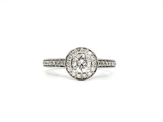 Anillo de compromiso con halo de diamantes de 0,77 quilates en oro blanco de 14 quilates, talla 6