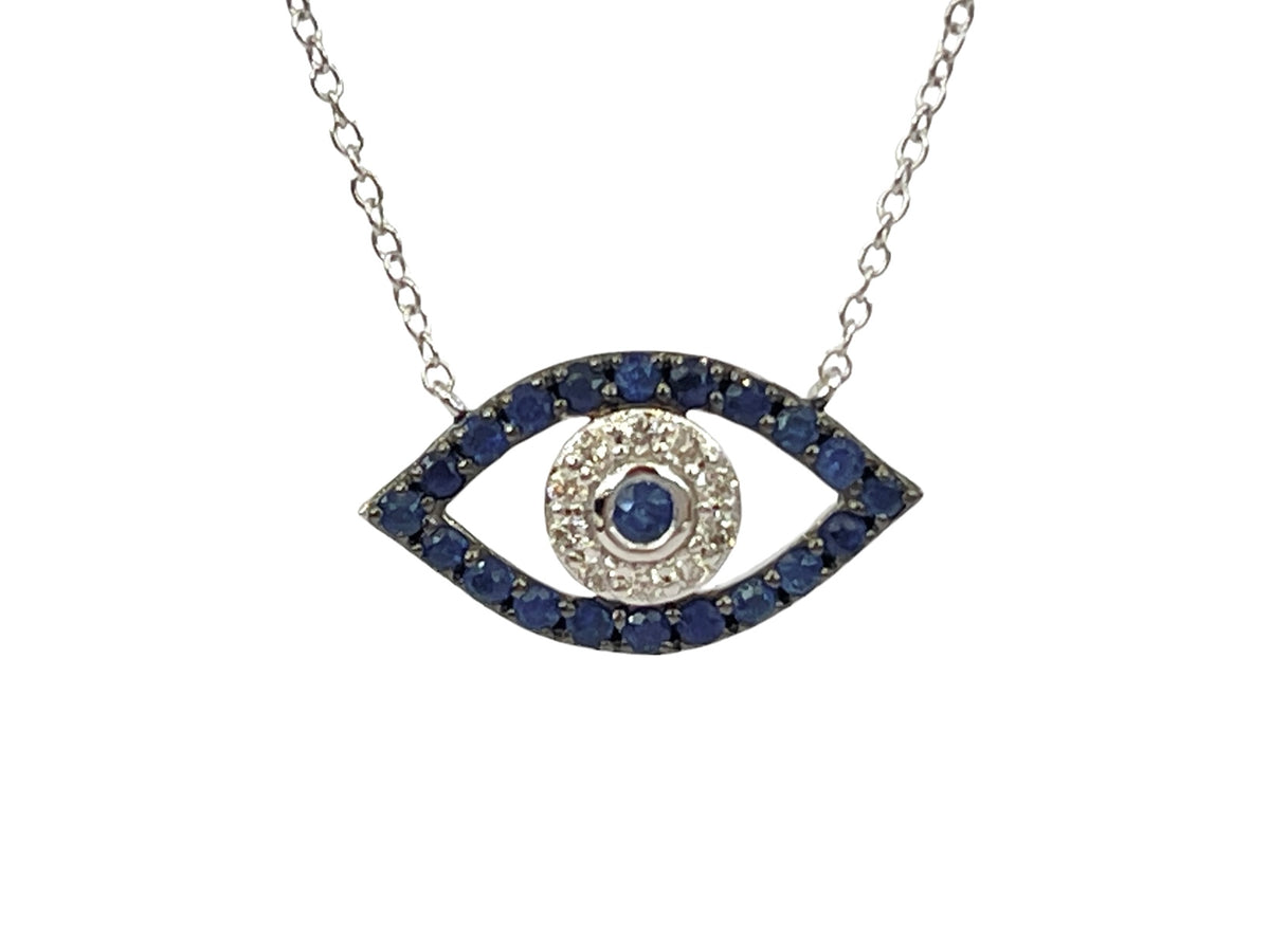 10K White Gold Sapphire &amp; Diamond Evil Eye Pendant, 18&quot;