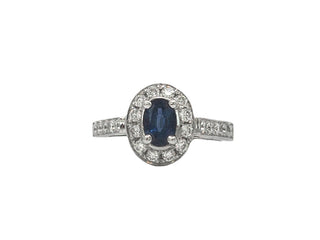 Anillo de oro blanco de 14 quilates con zafiro auténtico de talla ovalada de 0,75 quilates y diamante de 0,50 quilates, tamaño 6,5