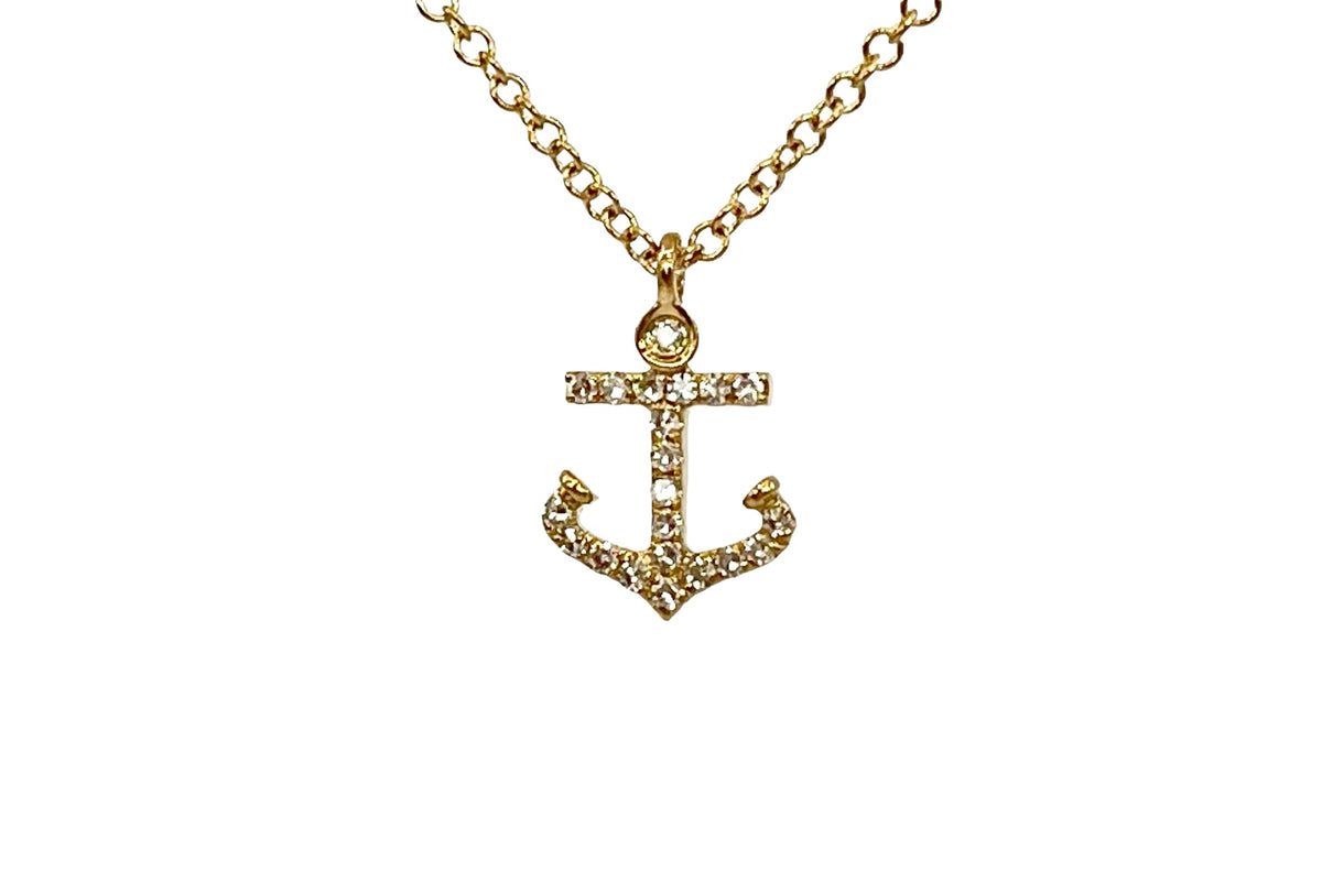 14K Yellow Gold 0.07cttw Diamond Anchor Pendant, 18&quot;