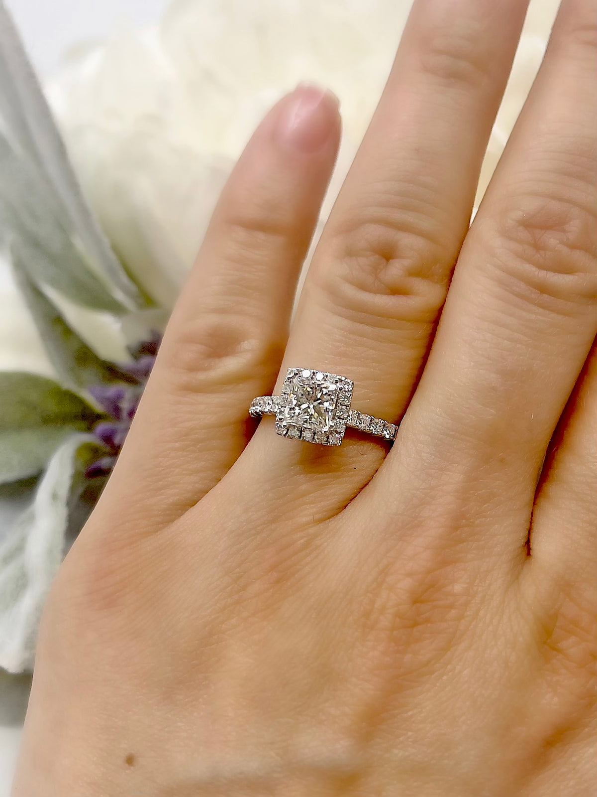 18K White Gold 1.31cttw Diamond Princess Cut Halo Engagement Ring, size 6.5