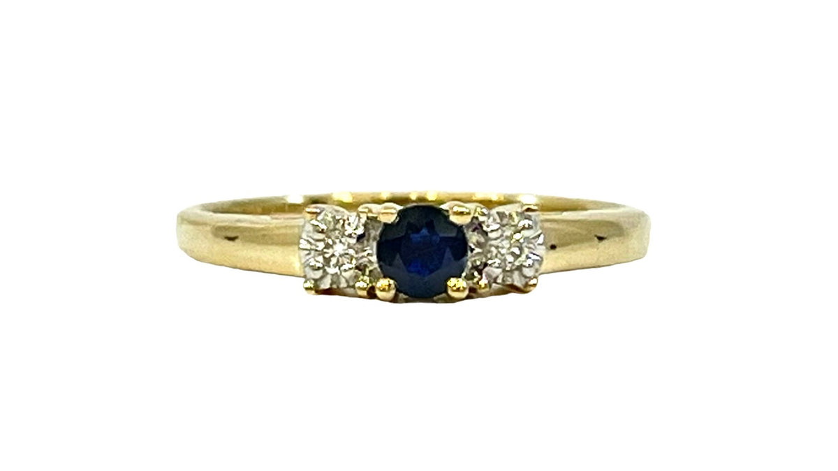 10K Yellow Gold Sapphire and Diamond 3 Stone Ring - Size 6